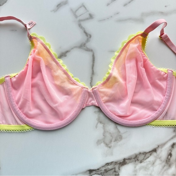 NWT Victoria's Secret Tease Unlined Demi Bra Pink Yellow Lace Trim 36D - Picture 3 of 6